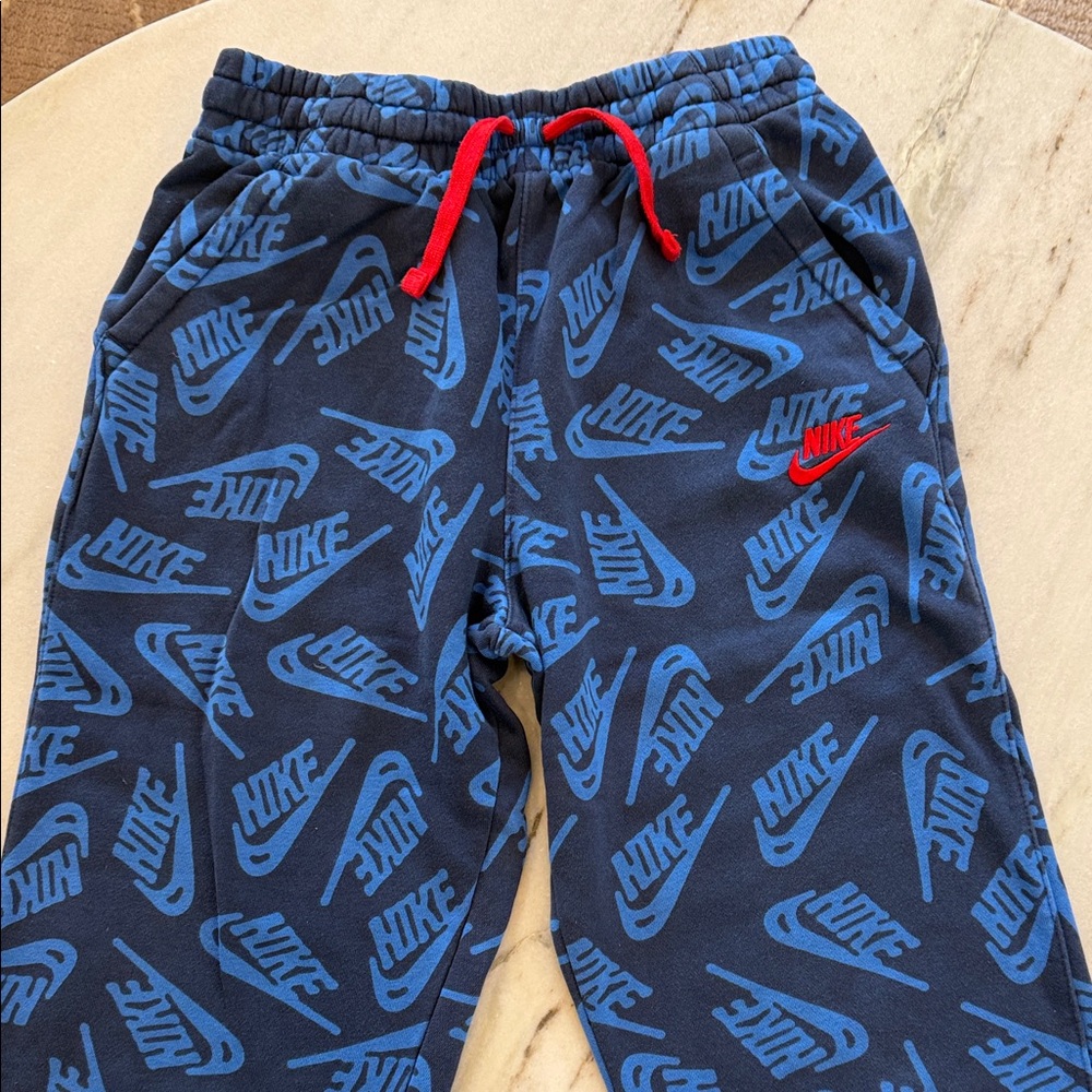 Nike Navy Blue Joggers with Bright Blue Logo Print and Red Drawcord